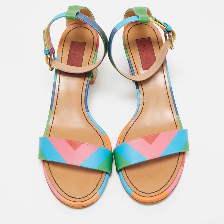 Pre Owned Valentino Multicolor Leather 1973 Rainbow Ankle Strap Sandals Size 39