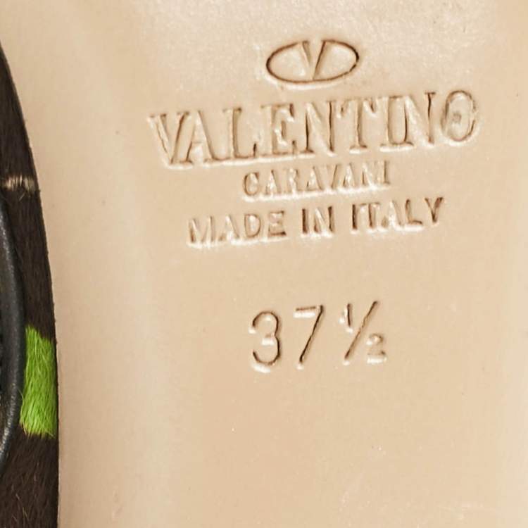 Pre Owned Valentino Multicolor Calf Hair and Leather Rockstud Ankle Strap Pumps Size 37.5