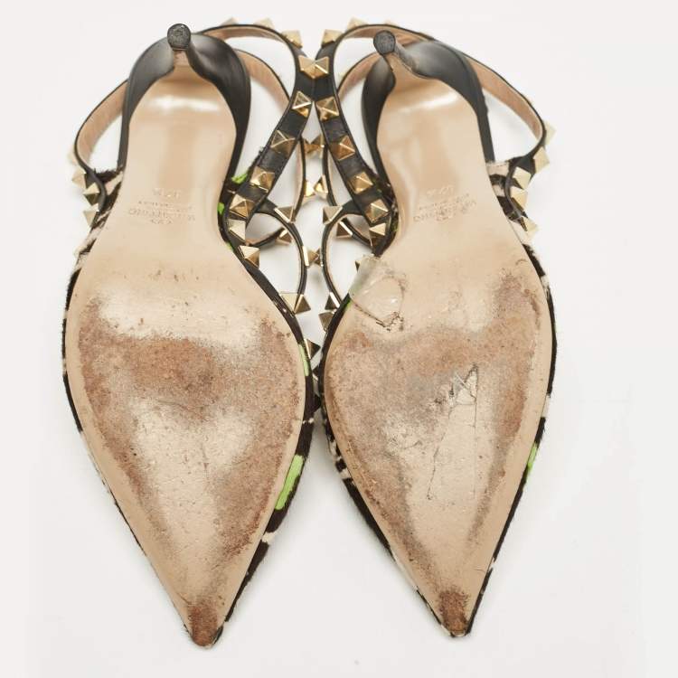 Pre Owned Valentino Multicolor Calf Hair and Leather Rockstud Ankle Strap Pumps Size 37.5