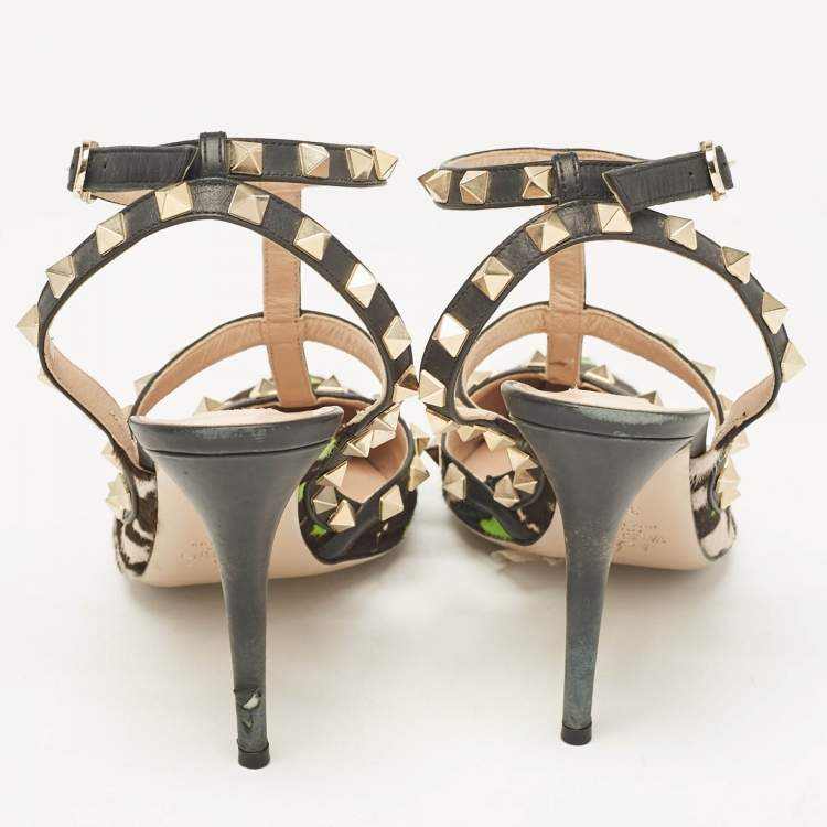 Pre Owned Valentino Multicolor Calf Hair and Leather Rockstud Ankle Strap Pumps Size 37.5