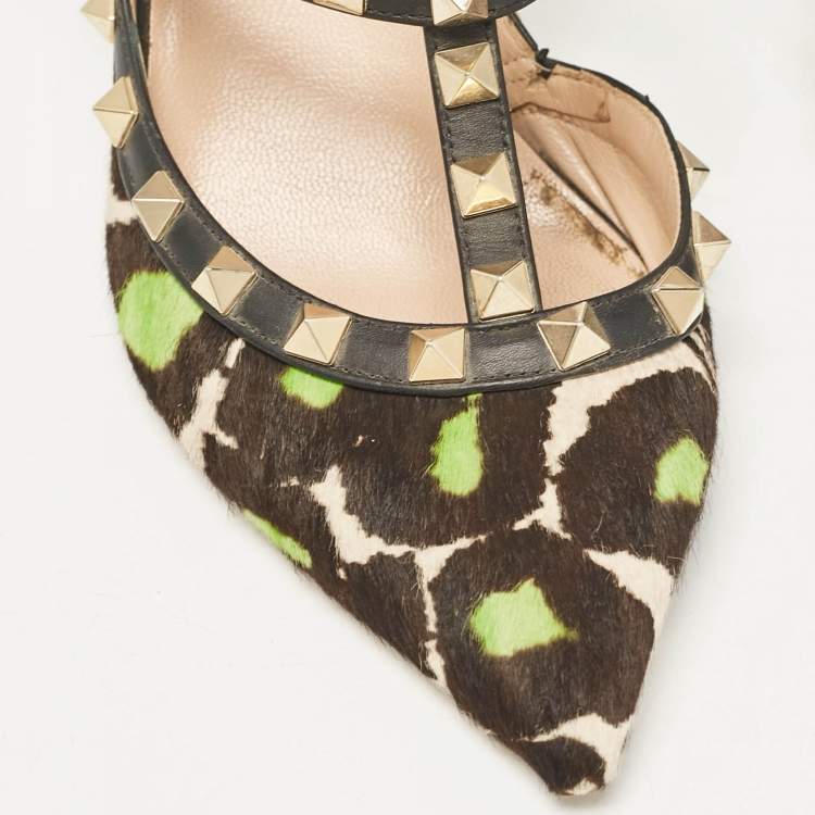 Pre Owned Valentino Multicolor Calf Hair and Leather Rockstud Ankle Strap Pumps Size 37.5