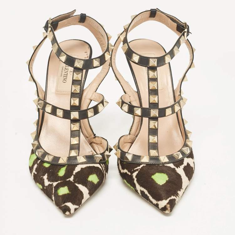Pre Owned Valentino Multicolor Calf Hair and Leather Rockstud Ankle Strap Pumps Size 37.5