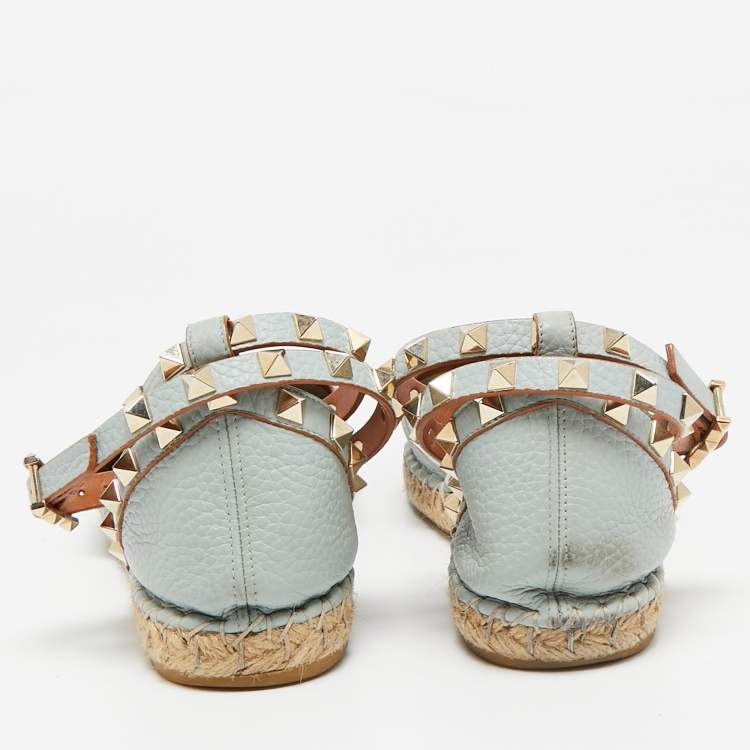 Pre Owned Valentino Grey Leather Rockstud Espadrille Flats Size 38