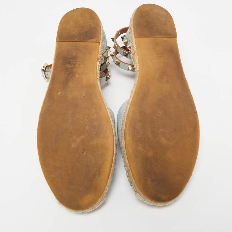 Pre Owned Valentino Grey Leather Rockstud Espadrille Flats Size 38