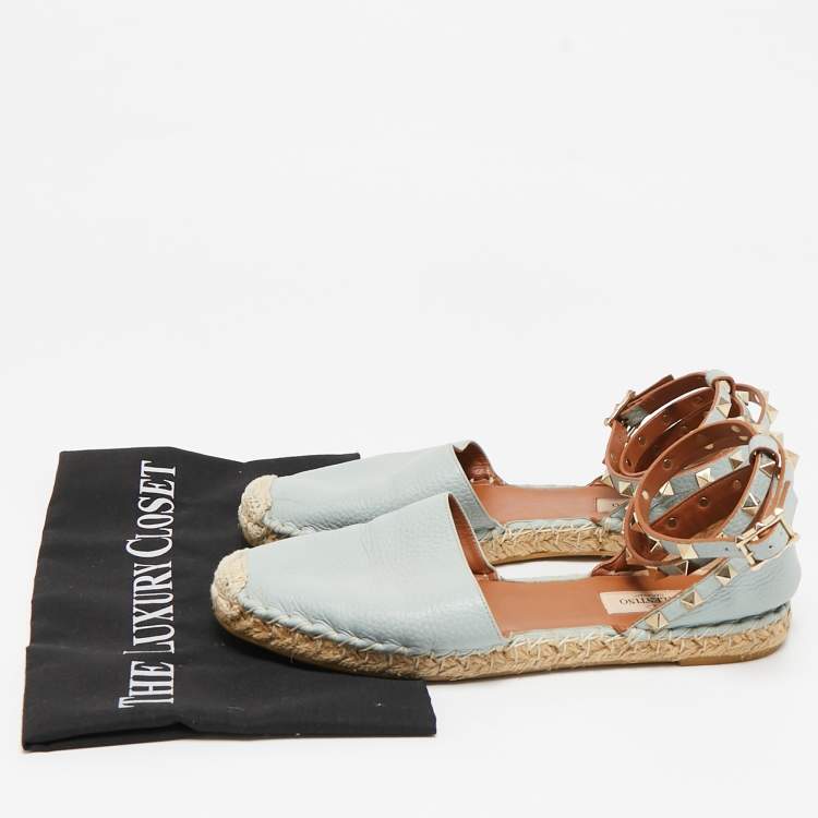 Pre Owned Valentino Grey Leather Rockstud Espadrille Flats Size 38