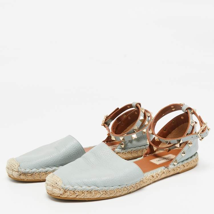 Pre Owned Valentino Grey Leather Rockstud Espadrille Flats Size 38