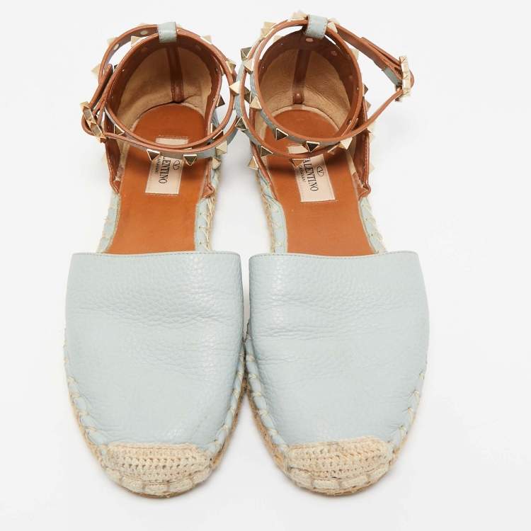 Pre Owned Valentino Grey Leather Rockstud Espadrille Flats Size 38