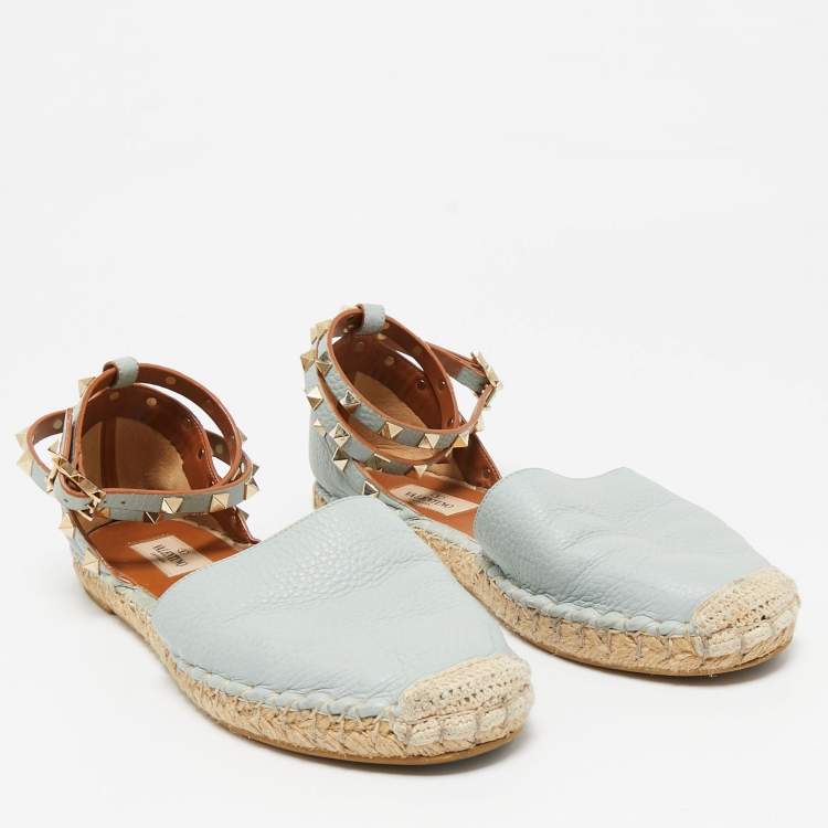 Pre Owned Valentino Grey Leather Rockstud Espadrille Flats Size 38