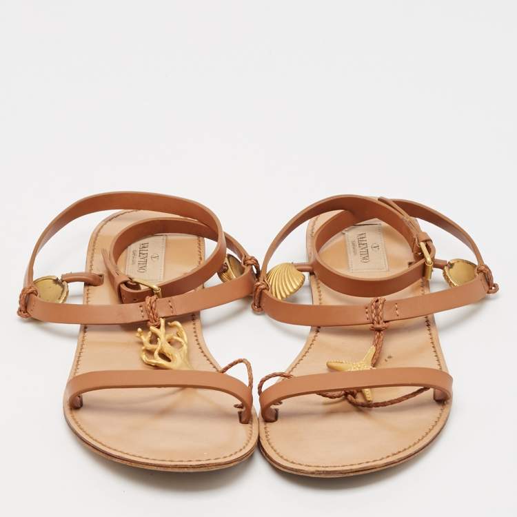 Pre Owned Valentino Brown Leather Star and Tree Embellished Flat Sandals Size 39
