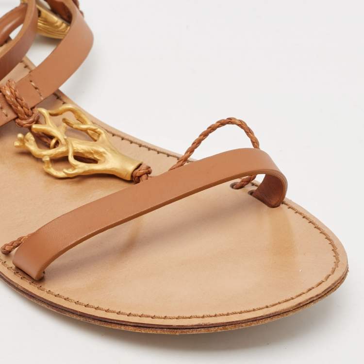 Pre Owned Valentino Brown Leather Star and Tree Embellished Flat Sandals Size 39