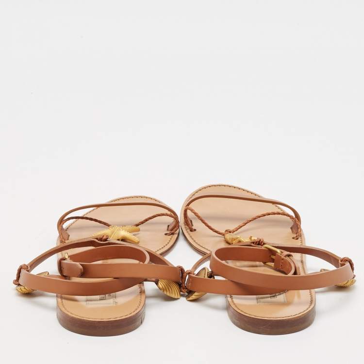 Pre Owned Valentino Brown Leather Star and Tree Embellished Flat Sandals Size 39