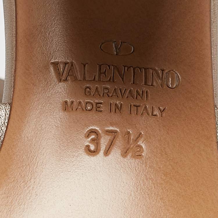 Pre Owned Valentino Metallic Beige Leather Rockstud Ankle Strap Sandals Size 37.5