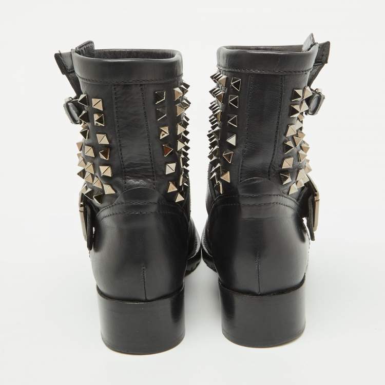 Pre Owned Valentino Black Leather Rockstud Ankle Length Boots Size 38
