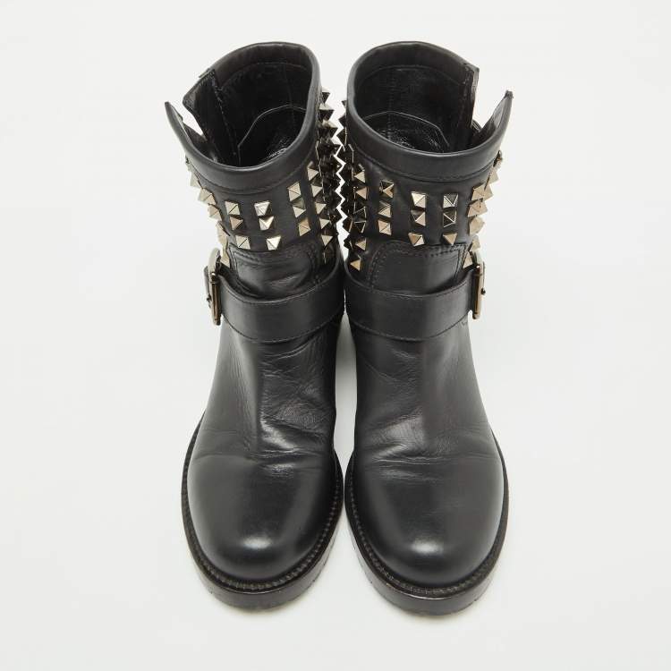 Pre Owned Valentino Black Leather Rockstud Ankle Length Boots Size 38