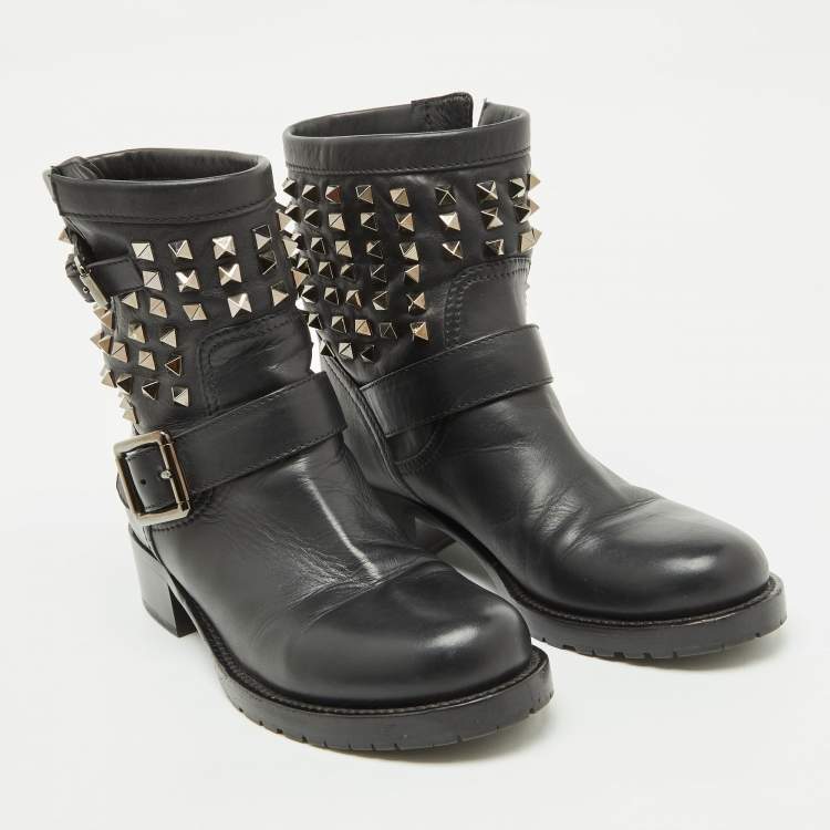Pre Owned Valentino Black Leather Rockstud Ankle Length Boots Size 38