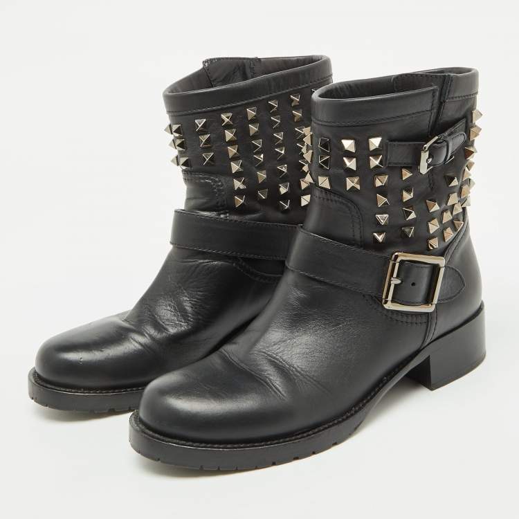 Pre Owned Valentino Black Leather Rockstud Ankle Length Boots Size 38