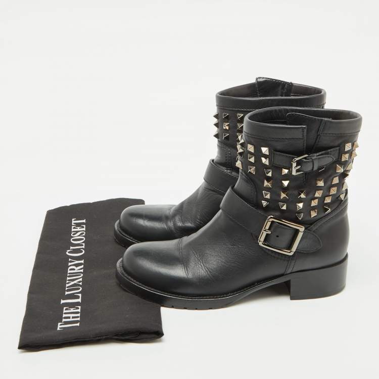Pre Owned Valentino Black Leather Rockstud Ankle Length Boots Size 38