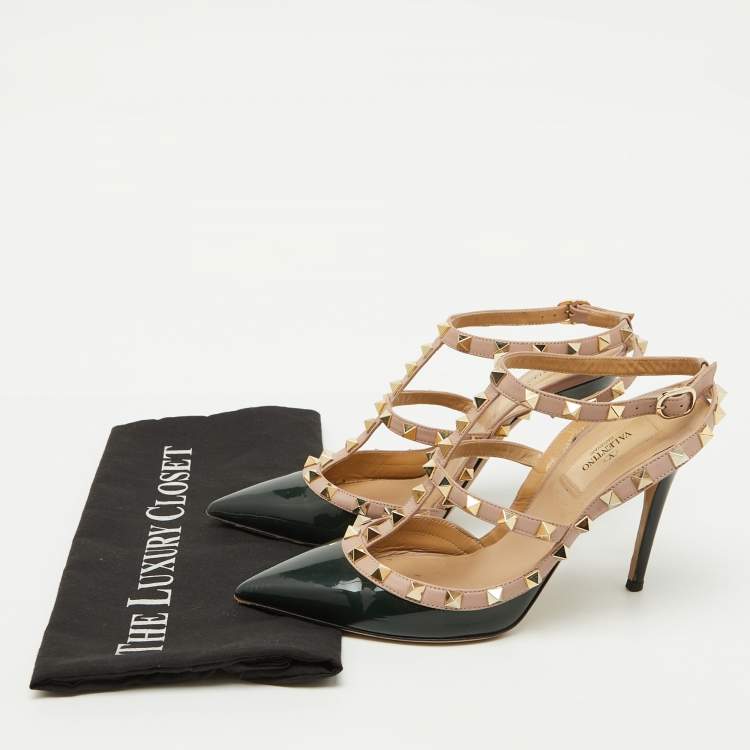 Pre Owned Valentino Dark Green/Beige Patent Leather Rockstud Pumps Size 38