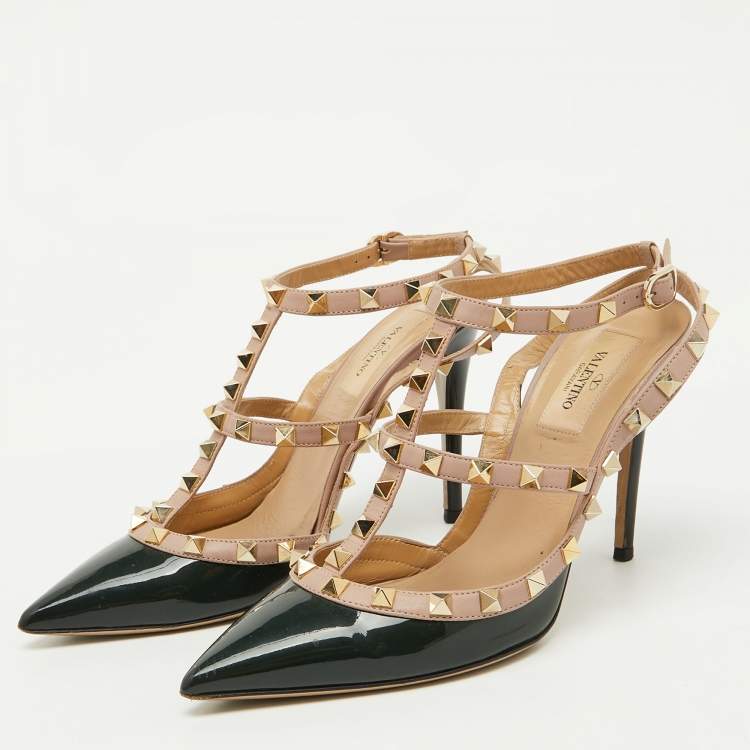 Pre Owned Valentino Dark Green/Beige Patent Leather Rockstud Pumps Size 38