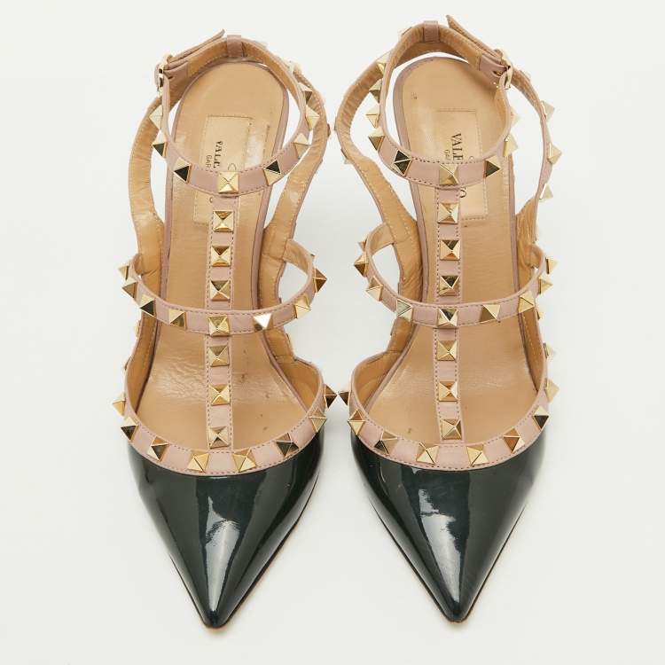 Pre Owned Valentino Dark Green/Beige Patent Leather Rockstud Pumps Size 38