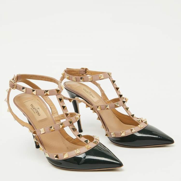 Pre Owned Valentino Dark Green/Beige Patent Leather Rockstud Pumps Size 38