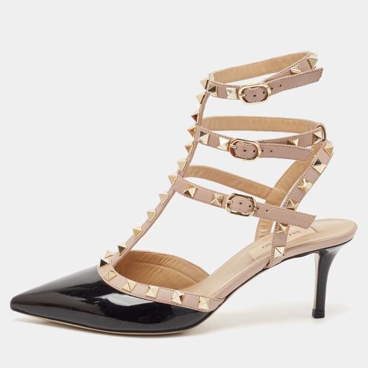 Pre Owned Valentino Black/Pink Patent and Leather Rockstud Caged Pumps Size 37