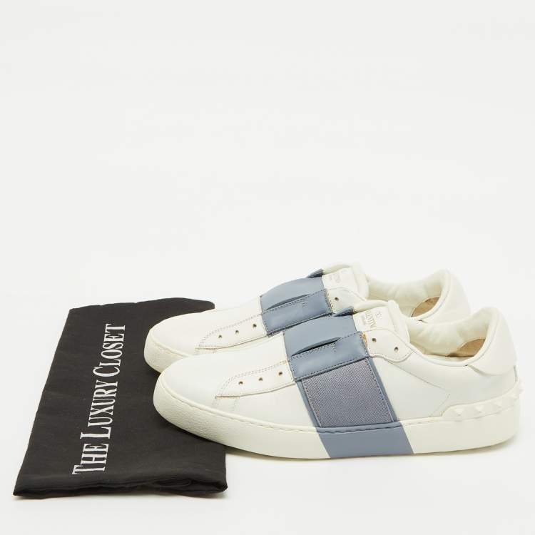 Pre Owned Valentino White/Blue Leather Rockstud Slip On Sneakers Size 40