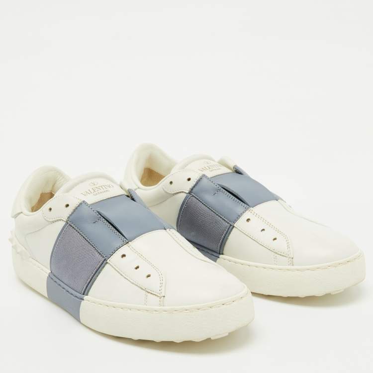 Pre Owned Valentino White/Blue Leather Rockstud Slip On Sneakers Size 40