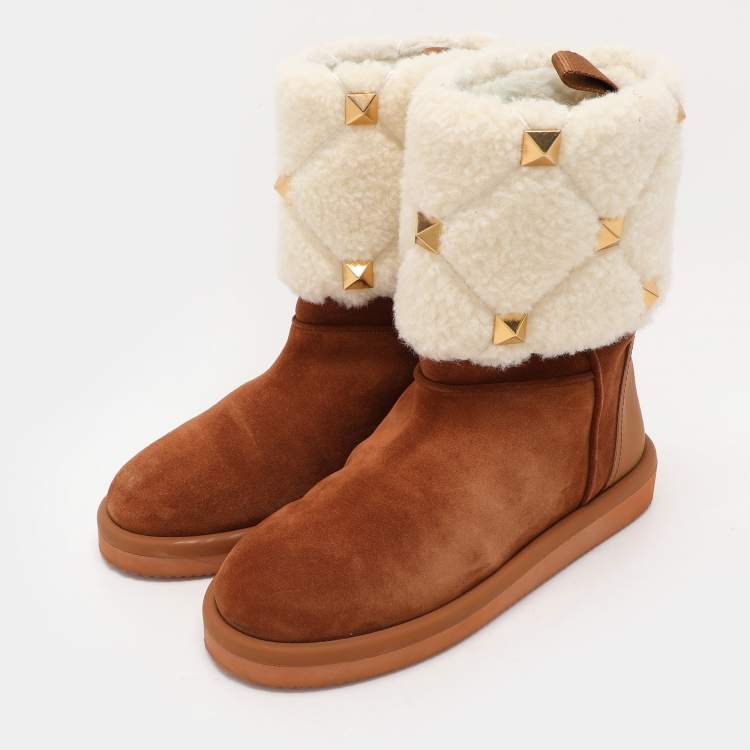 Pre Owned Valentino Brown/Cream Suede and Wool Roman Stud Winter Boots Size 38