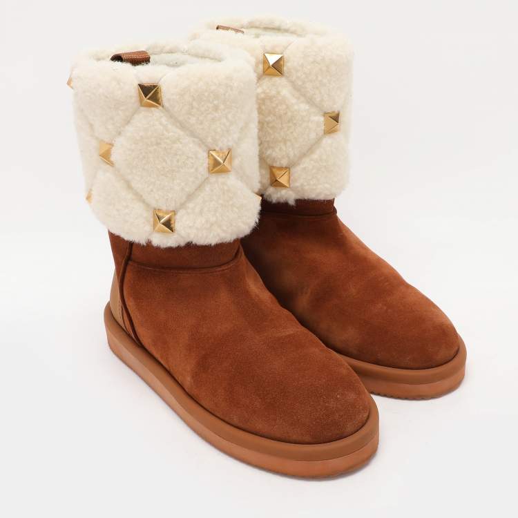 Pre Owned Valentino Brown/Cream Suede and Wool Roman Stud Winter Boots Size 38