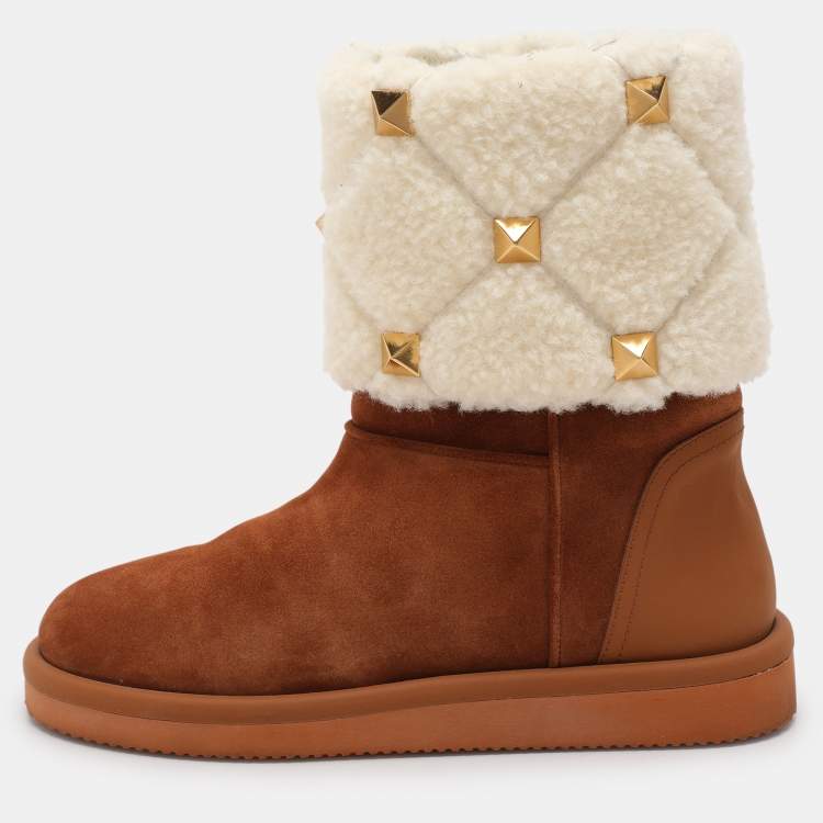 Pre Owned Valentino Brown/Cream Suede and Wool Roman Stud Winter Boots Size 38