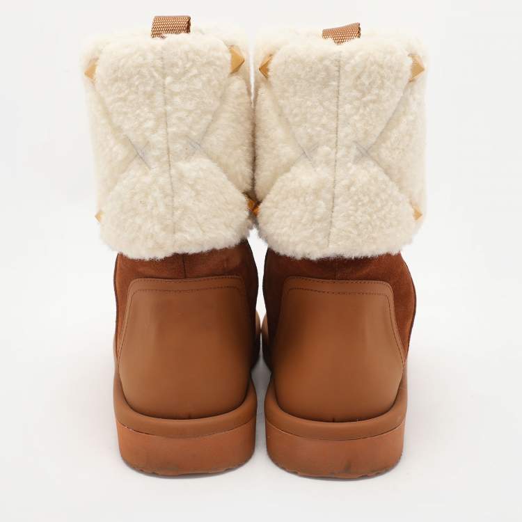 Pre Owned Valentino Brown/Cream Suede and Wool Roman Stud Winter Boots Size 38