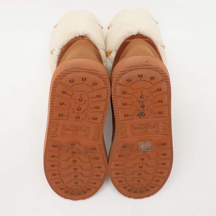Pre Owned Valentino Brown/Cream Suede and Wool Roman Stud Winter Boots Size 38