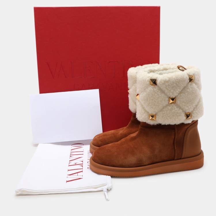 Pre Owned Valentino Brown/Cream Suede and Wool Roman Stud Winter Boots Size 38