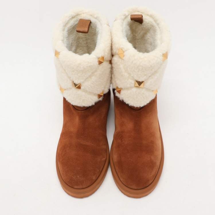 Pre Owned Valentino Brown/Cream Suede and Wool Roman Stud Winter Boots Size 38