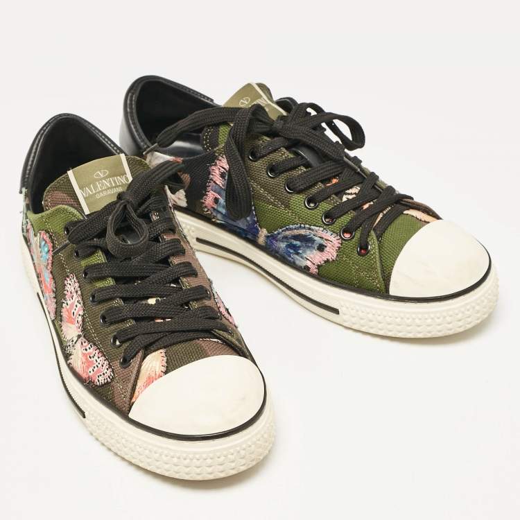 Pre Owned Valentino Multicolor Leather and Canvas Camubutterfly Lace Up Sneakers Size 40