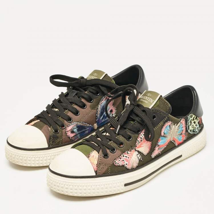 Pre Owned Valentino Multicolor Leather and Canvas Camubutterfly Lace Up Sneakers Size 40