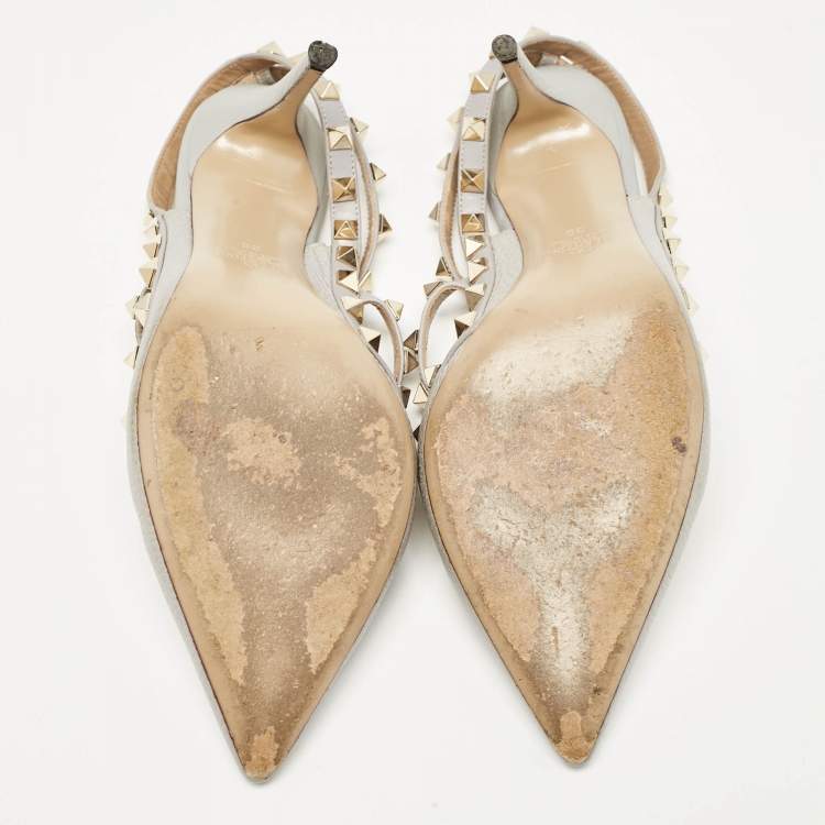 Pre Owned Valentino Grey Leather Rockstud Ankle Strap Pumps Size 39