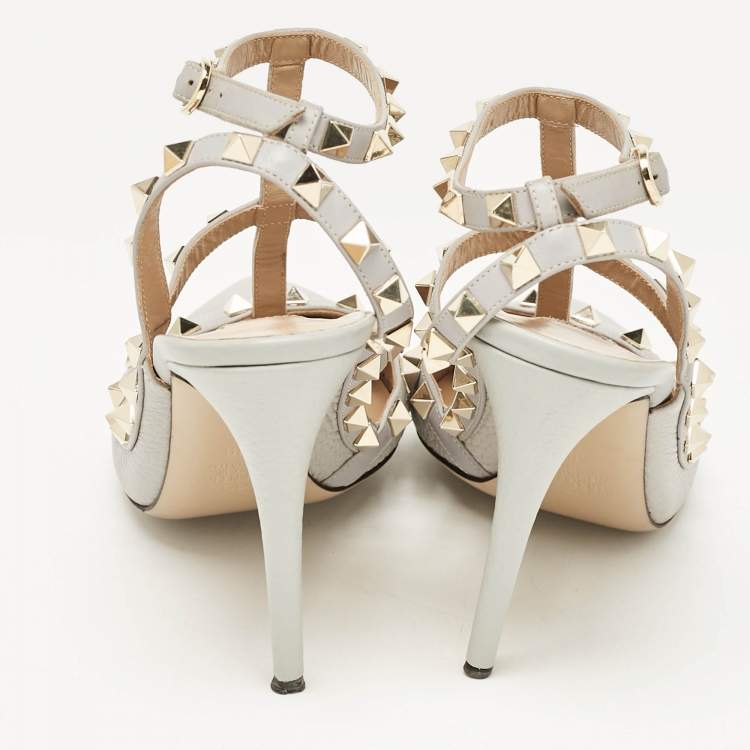 Pre Owned Valentino Grey Leather Rockstud Ankle Strap Pumps Size 39