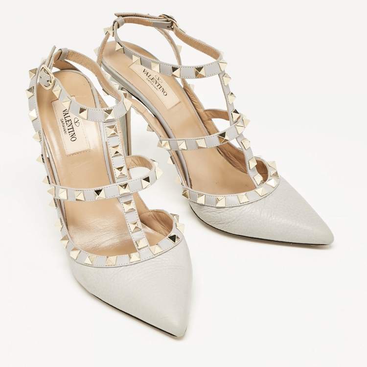 Pre Owned Valentino Grey Leather Rockstud Ankle Strap Pumps Size 39