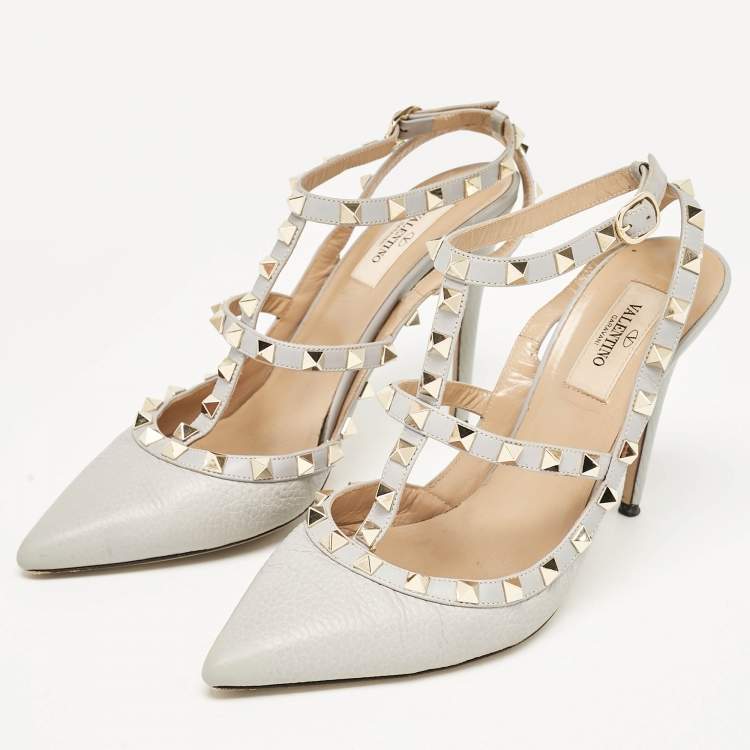 Pre Owned Valentino Grey Leather Rockstud Ankle Strap Pumps Size 39