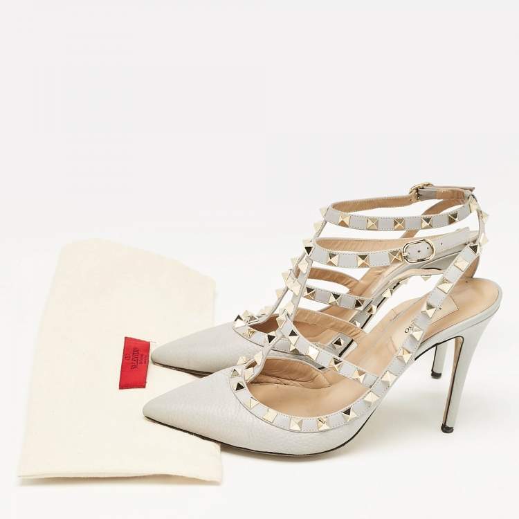 Pre Owned Valentino Grey Leather Rockstud Ankle Strap Pumps Size 39