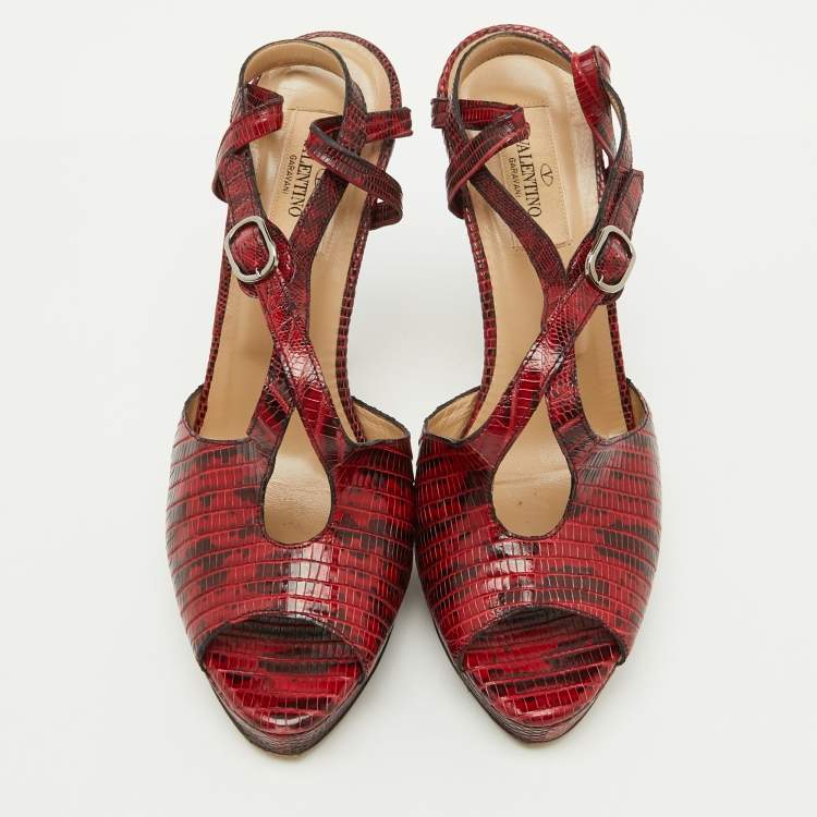 Pre Owned Valentino Red/Black Lizard Leather Ankle Strap Platform Sandals Size 38.5