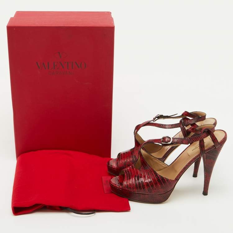 Pre Owned Valentino Red/Black Lizard Leather Ankle Strap Platform Sandals Size 38.5