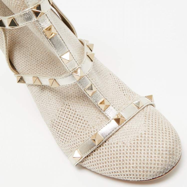 Pre Owned Valentino Silver/Grey Leather and Glitter Fabric Rockstud Accents Sock Boots Size 38
