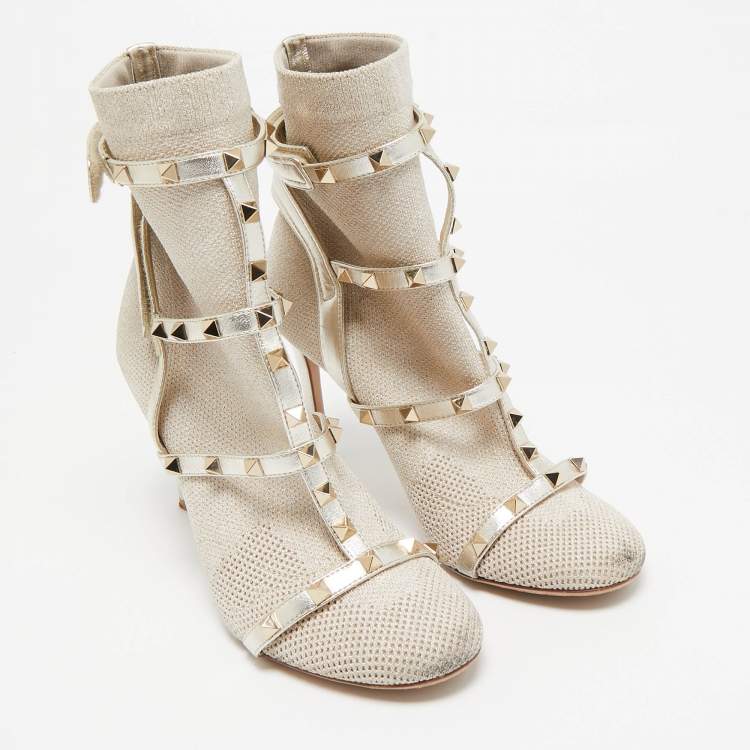 Pre Owned Valentino Silver/Grey Leather and Glitter Fabric Rockstud Accents Sock Boots Size 38