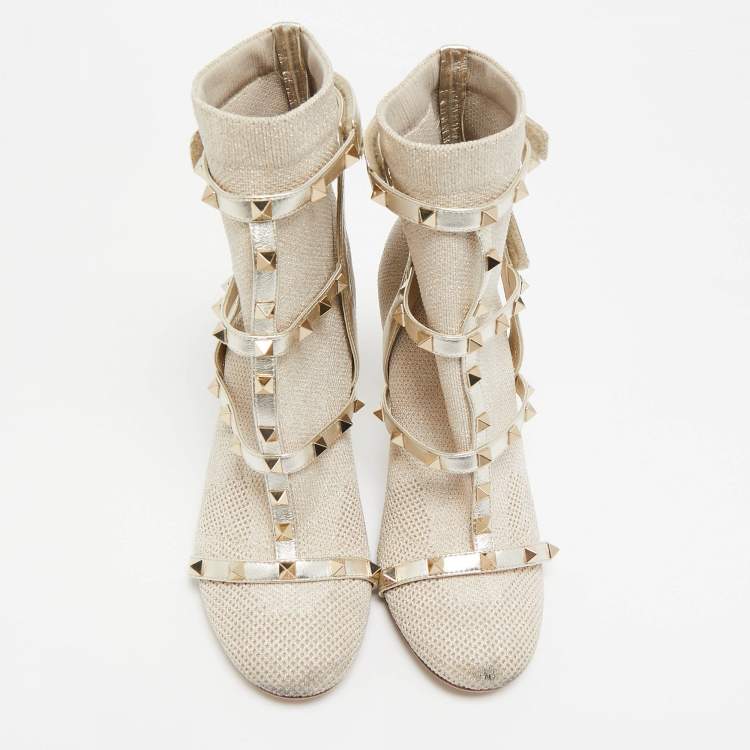 Pre Owned Valentino Silver/Grey Leather and Glitter Fabric Rockstud Accents Sock Boots Size 38
