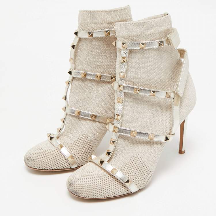Pre Owned Valentino Silver/Grey Leather and Glitter Fabric Rockstud Accents Sock Boots Size 38