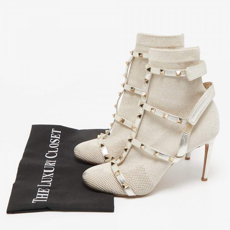 Pre Owned Valentino Silver/Grey Leather and Glitter Fabric Rockstud Accents Sock Boots Size 38