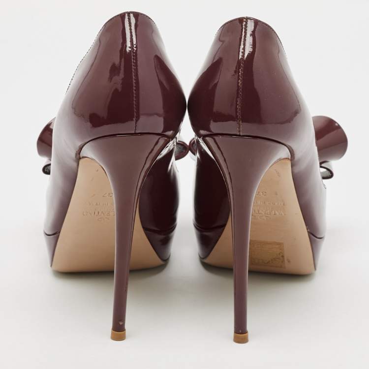 Pre Owned Valentino Purple Patent Leather Bow Open Toe Pumps Size 37